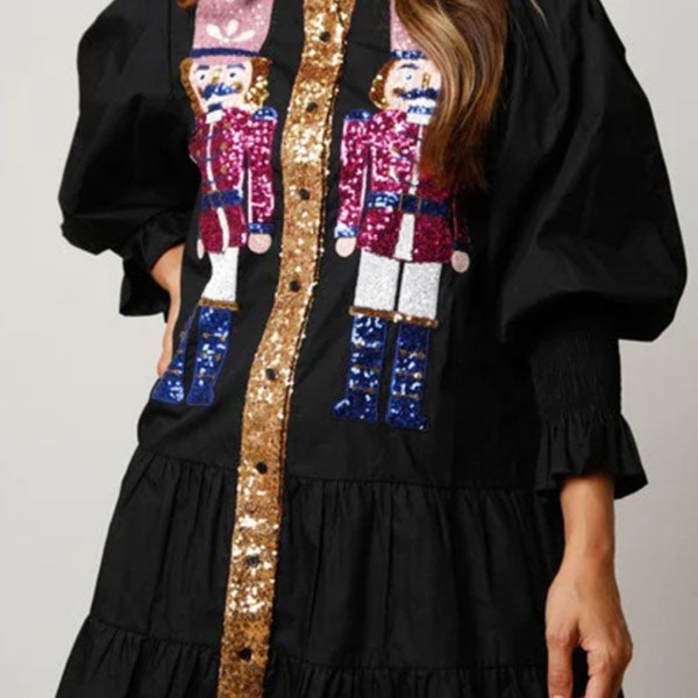 Fantastic Fawn Sequin Christmas Nutcracker Shirt Dress
